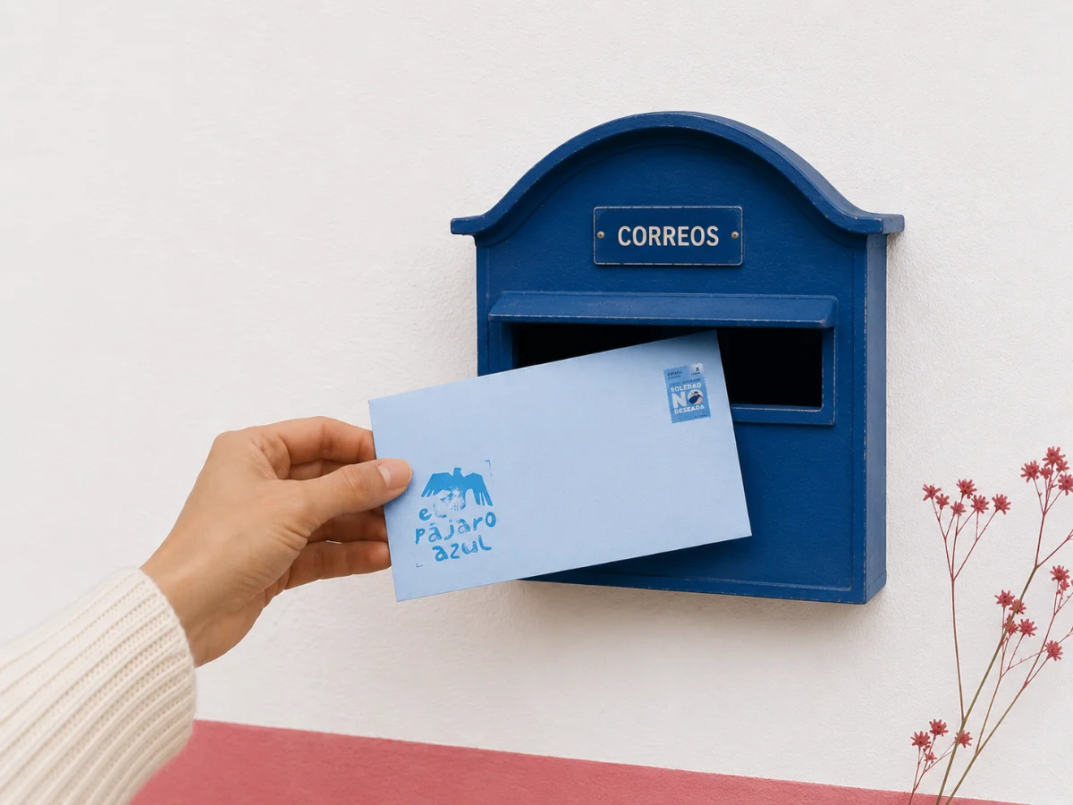 una mano dejando una carta de el pájaro azul en el buzón
